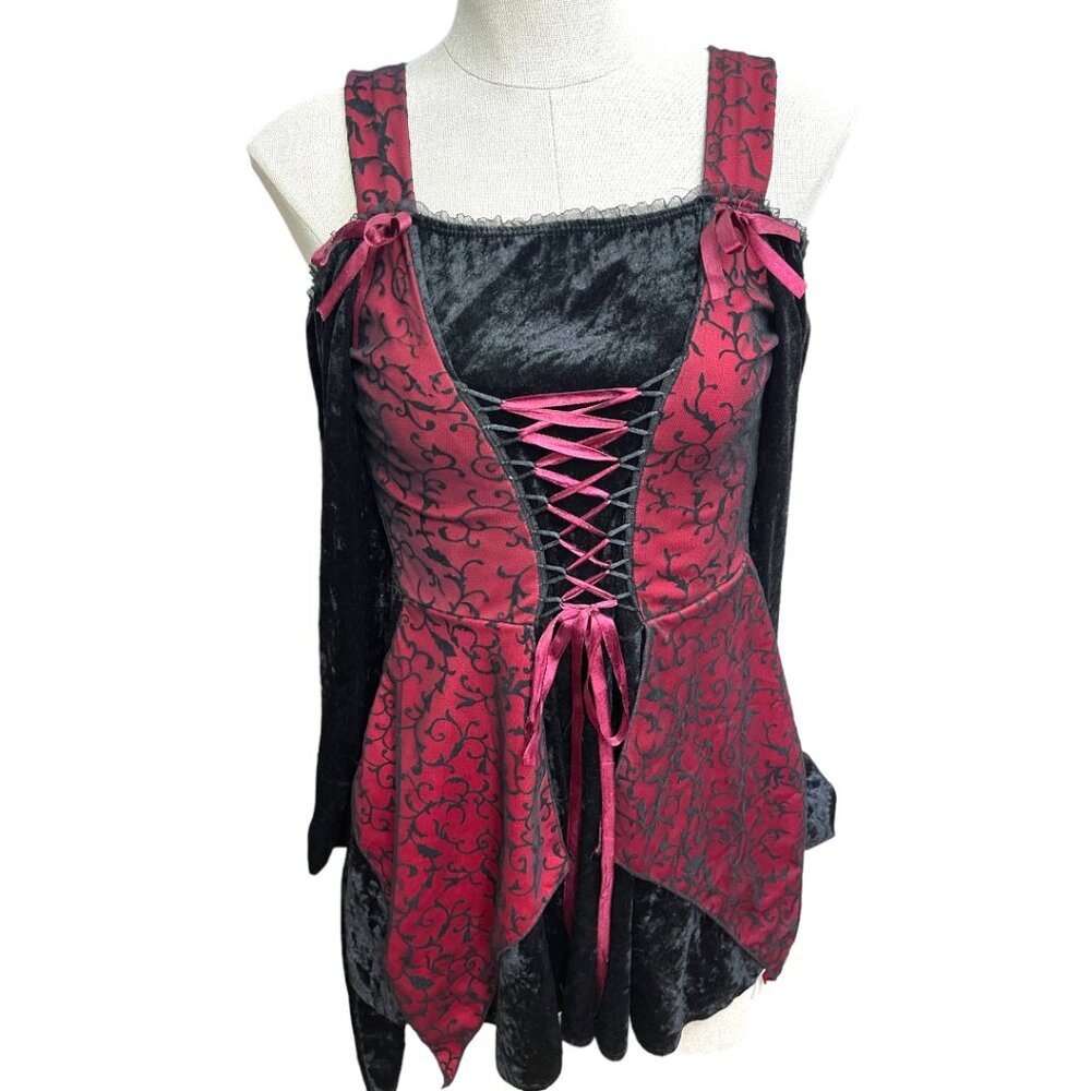 California Costume Black Velvet Burgundy w/ Mesh Elvira Sleeves Gothic Costume